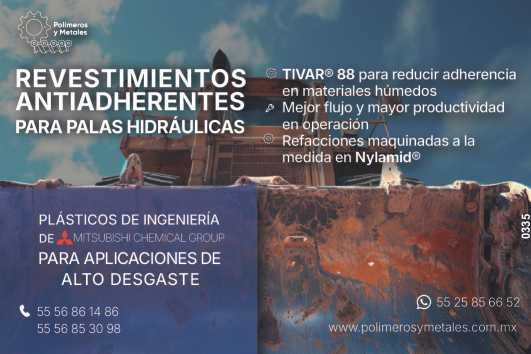 Revestimientos Antiadherentes para Palas Hidraulicas. Plasticos de Ingenieria de MITSUBISHI CHEMICAL GROUP para aplicaciones de alto desgaste. TIVAR 88 para reducir adherencia en materiales humedos. Revestimientos Antiadherentes para Palas Hidraulicas. Plasticos de Ingenieria de MITSUBISHI CHEMICAL GROUP para aplicaciones de alto desgaste. TIVAR 88 para reducir adherencia en materiales humedos.