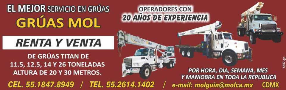 Renta y Venta de Gruas Titan de 11.5, 12.5, 14 y 26 toneladas, altura de 20 y 30 metros. Por hora, dia, semana y mes. Maniobra en toda la Republica. Operadores con 20 años de experiencia. Renta y Venta de Gruas Titan de 11.5, 12.5, 14 y 26 toneladas, altura de 20 y 30 metros. Por hora, dia, semana y mes. Maniobra en toda la Republica. Operadores con 20 años de experiencia.