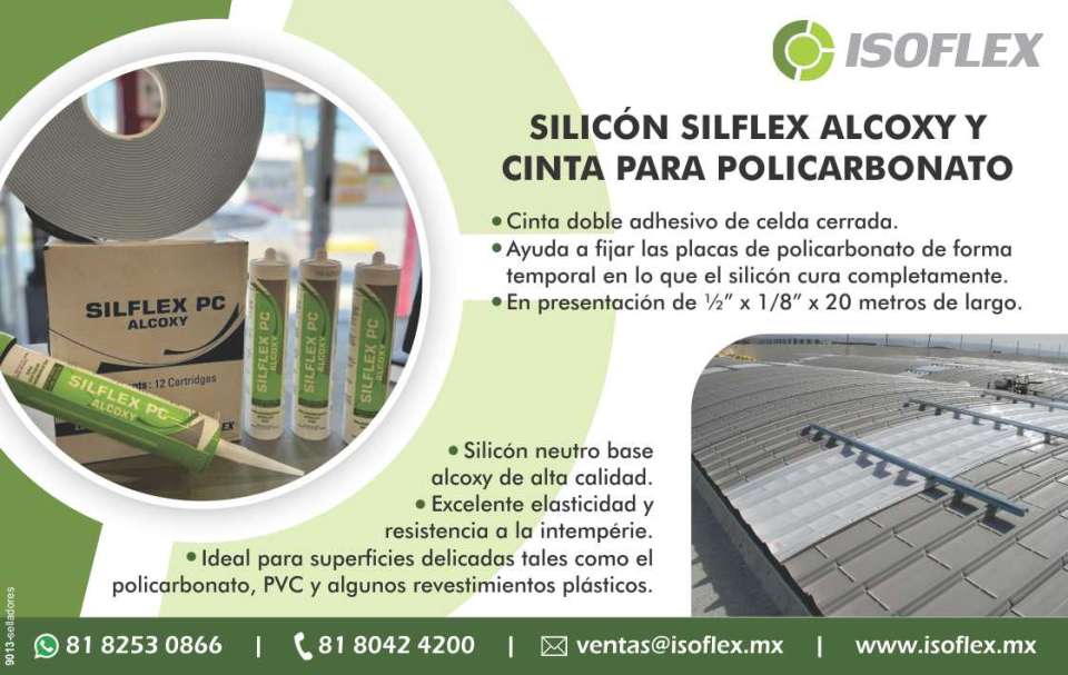 Silicon Silflex Alcoxy y Cinta para Policarbonato Cinta doble adhesivo de celda cerrada, ayuda a fijar las placas de policarbonato de forma temporal en lo que el silicon cura completamente Silicon Silflex Alcoxy y Cinta para Policarbonato Cinta doble adhesivo de celda cerrada, ayuda a fijar las placas de policarbonato de forma temporal en lo que el silicon cura completamente