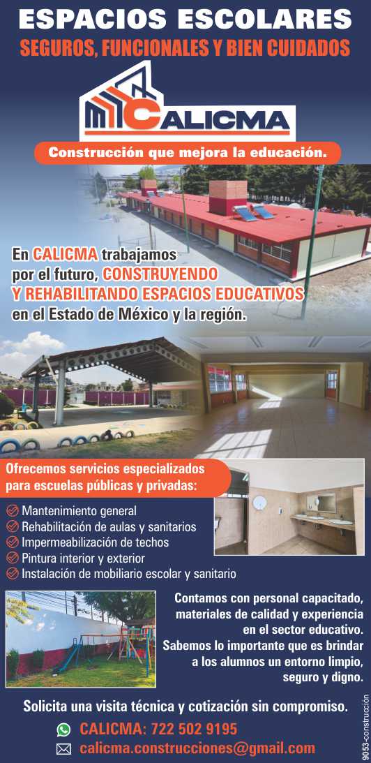 Trabajamos por el futuro, construyendo y rehabilitando espacios educativos en el Estado de Mexico y la region. Ofrecemos servicios especializados para escuelas publicas y privadas Trabajamos por el futuro, construyendo y rehabilitando espacios educativos en el Estado de Mexico y la region. Ofrecemos servicios especializados para escuelas publicas y privadas